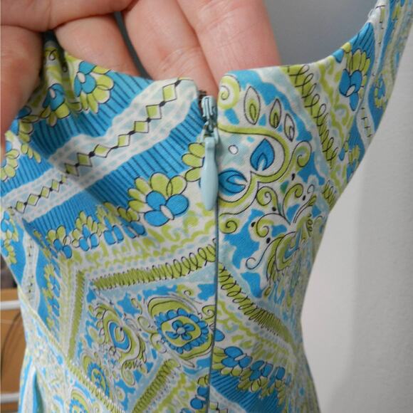 Ann Taylor Halter Midi Dress Sz 8 Petite Blue Green Paisley Floral Stripe Retro - Picture 5 of 13